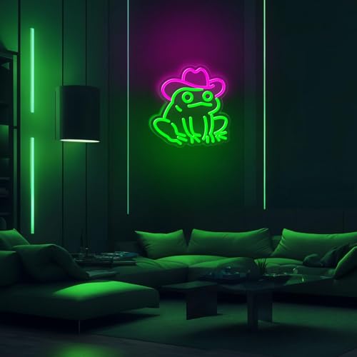 Image of Frog Neon Sign for Wall Decor,Dimmable Frog with Cowboy Hat Neon Light,Pink Green Animal Light Up Signs for Bedroom Party Bar Background Christmas Gifts Decorations