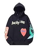 Kanye Hoodie Lucky Me I See Hip-Hop Street Foaming Letter Print Mens Womens Sweatshirt Black XX-Large