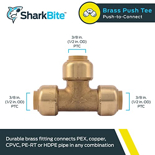 Image of SharkBite 3 /8 Inch (1 /2 Inch OD) Tee, Push to Connect Brass Plumbing Fitting, PEX Pipe, Copper, CPVC, PE-RT, HDPE, U360LFA