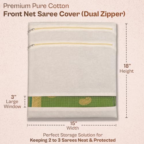Image of JD FRESH 12 Pcs Cotton Saree Bags /Covers with Dual Zipper Storage /Transparent Mesh Window Cloth Storage Bag /Multi-Purpose Clothes Covers for Dresses /Sarees /Lehengas (18 x 15 Inch, Beige)