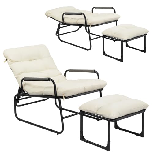 Bonnlo Fauteuil de Balcon avec Dossier Réglable et Tabouret, Charge Maximale 180 kg, Fauteuil de Jardin Extérieur pour Véranda/Piscine/Cour Arrière, Blanc