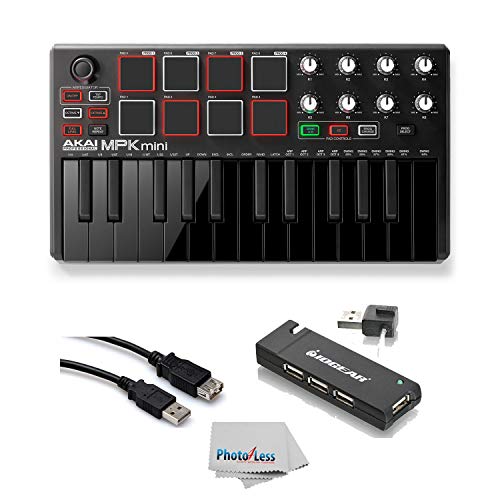 Akai Professional MPK MINI MK2 MKII | 25-Key Ultra-Portable USB MIDI Drum Pad & Keyboard Controller (Black) + 4-Port USB 2.0 Hub + High Speed USB Extension Cable + Clean Cloth