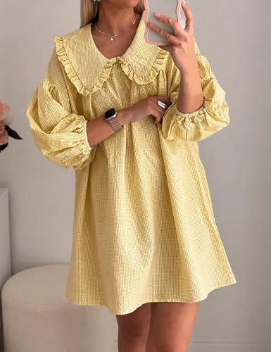 Image of Ynhonra Women's Gingham Mini Dress 3 /4 Puff Sleeve Babydoll Doll Collar