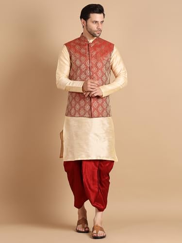 Image of Men's Silk Blend Solid Kurta Dhoti Set with Designer Ethnic Nehru Jacket