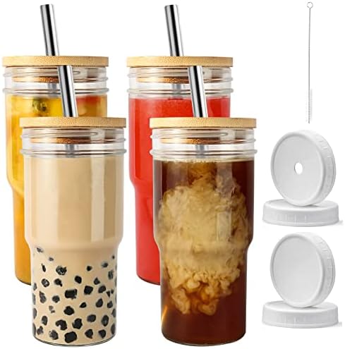 Xeiwagoo Reusable Boba Cup Smoothie Tumbler Glass Bubble Tea Cup, 4 Pack Wide Mouth 22oz Iced Coffee Glasse Cup with Bamboo Lid and Straw, Mason Jar Cup Drinking Glasses Tumbler (Silver Straw, 4)