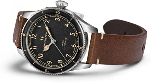 Image of Hamilton Khaki Aviation Automatic Men's Watch, 38mm Stainless Steel Case, Swiss Made, Black Dial Analog Wrist Watch for Men, 100m Waterproof, Sapphire Crystal, 3-Hand Movement, Cow Leather Strap
