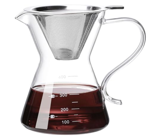 COFISUKI Cafetera para verter – Elegante cafetera de goteo con filtro de acero inoxidable reutilizable, jarra de café de vidrio de borosilicato sin plomo para 1-2 tazas (400 ml/13.5 onzas)