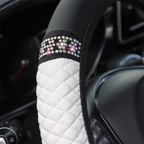 Image of Osilly Bling Car Steering Wheel Cover, 15 Inch Rhinestones Soft Leather Elastic Steering Wheel Protector, Sparkly Crystal Diamond for Women Girls (White)