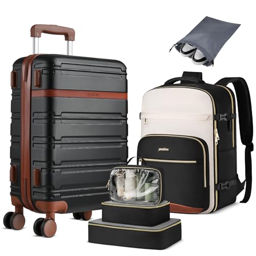 Image of YAMTION Luggage Sets 6 Piece,Hardside 20In Suitcase with Spinner Wheels,TSA Lock,Carry On Suitcase Travel Essentials for Personal Items,Black Beige