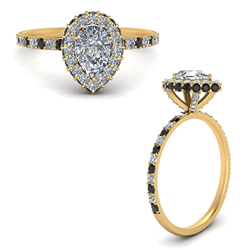 Image of Choose Your Gemstone Pave Rollover Pear Halo Engagement Ring Yellow Gold Plated Pear Shape Halo Engagement Rings Matching Jewelry Wedding Jewelry Easy to Wear Gifts US Size 4 to 12