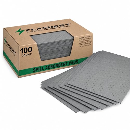 Image of FLASHDRY Universal Spill Absorbent Pads, 100-Count Dispenser Box, 17.5 inch x 13.5 inch, Absorbs Oil, Grease, Coolant & Solvents, for Garages, Warehouses, Factories & Industrial Facilities