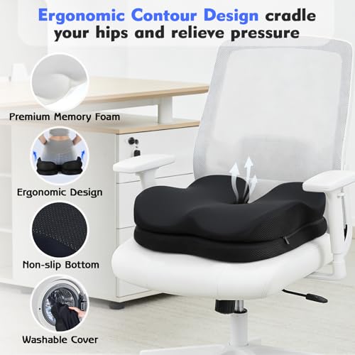 Image of Office Chair Cushion & Car Seat Cushion - Memory Foam Dual-Layer Ergonomic Seat Cushion for Tailbone Pain Relief, Coccyx Support, Soft Yet Firm Comfort for All-Day Sitting