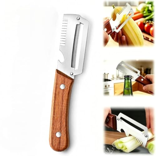 Image of 1 Pack 3-in-1 Multifunctional Vegetable Peeler with Wooden Handle | Stainless Steel Fruit & Vegetable Peeler with Built-in Grater & Bottle Opener | Kitchen Peeler for Potato, Carrot, Apple