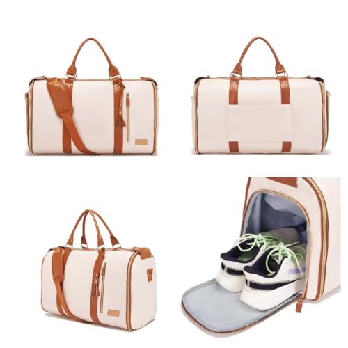 Image of FUOCO Carry On Travel Trolley Bag, PU Leather Mega Garment Duffle Bag for Women Men, Convertible Duffle Bag for Travel, 2 in 1 Hanging Suitcase Suit Traveling Bag 1 Year Warranty (White Tan)