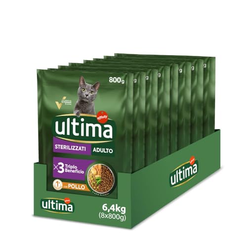 Ultima Sterilizzati Adult Pollo - Crocchette per Gatti - Confezione da 8 x 800 g - Totale 6.4 kg