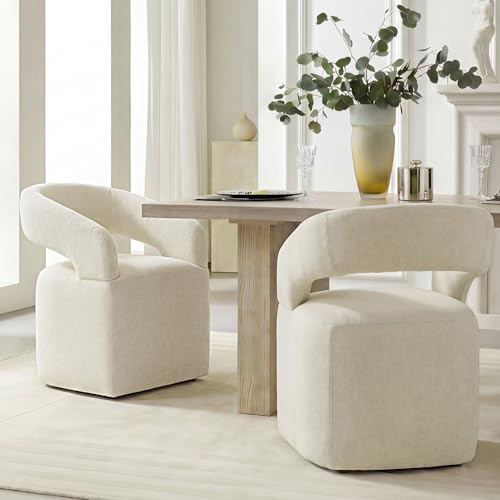 Image of KISLOT Upholstered Dining Chairs Set of 1, Modern Arm Kitchen & Dining Room Chairs with Hidden Casters, Linen Fabric Padded Rolling Chairs, Sturdy Wood Frame, 300 lbs Capacity, Cream Beige