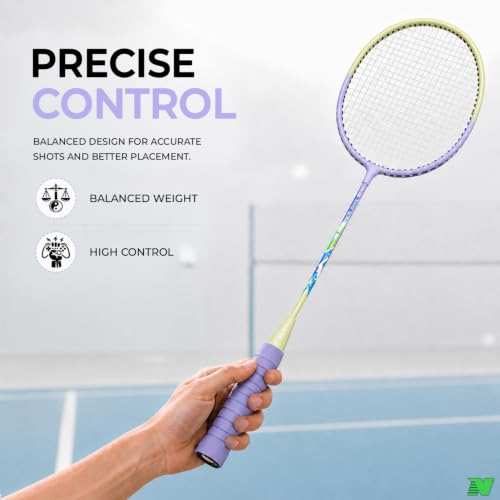 Image of Wide Body Aluminium Badminton Racket Set of 2 for Men & Women | Racquets with High Tension Strings | Indoor & Outdoor Racket with Carry Bag (Purple & Yellow)