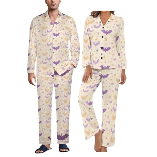 His and Her Matching Pajamas Set for Couples Halloween Pjs for Women Men 2 Piece Long Sleeve Sleepwear Set