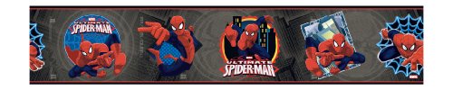 York Wallcoverings ZB3263BD Ultimate Spiderman Badge Frise Anthracite/Rouge/Blanc/Bleu Indigo