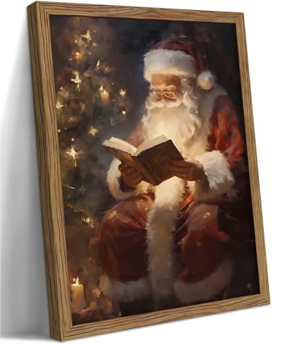 Framed Christmas Wall Art, Vintage Santa Reading Book Canvas Print,