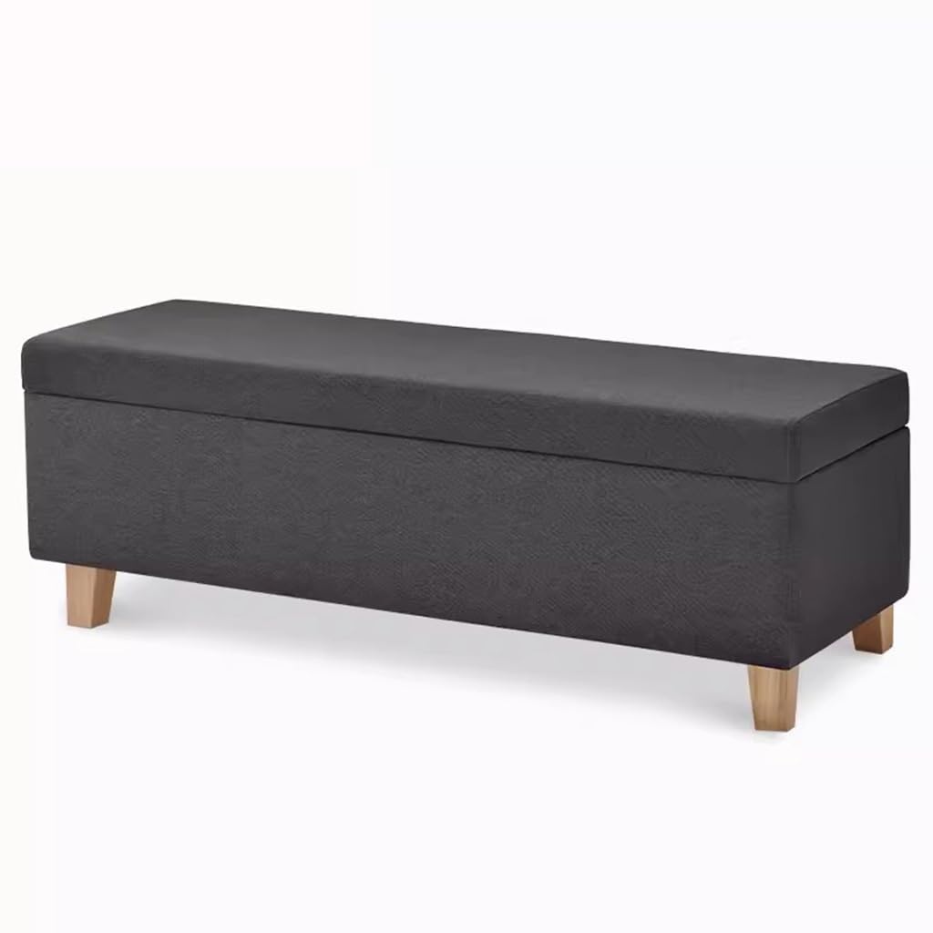 Banc de rangement en lin gris 80 cm avec pieds en bois massif