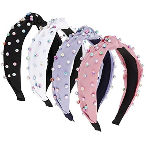 Jaciya Headbands for Women 4 Pack Pearl Headbands for Girls Knotted Headband for Women Colorful Beaded Headband Knot Turban Hair Accessories Cover