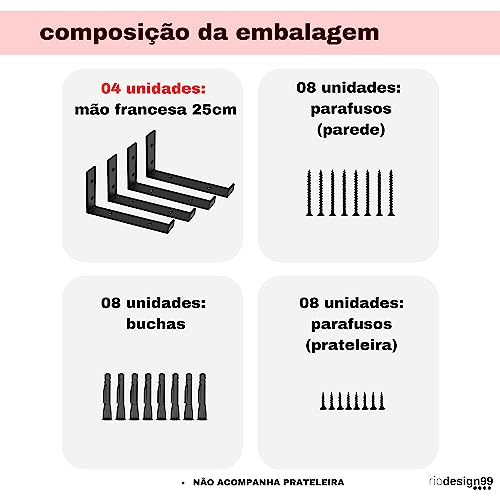 RIO DESIGN99 Mão Francesa 25cm Cantoneira Invertida - Preta - 4 Unidades - Reforçada Industrial Supo