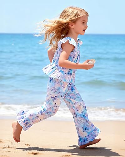 WESIDOM Toddler Girl Clothes 4T 5T Girls Spring Summer Outfits Short Flying Sleeve Top + Printed Ruffle Hem Pants 2 Piece Toddler Clothing Set (Purple, 4-5T — view 2
