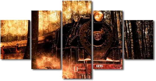 Tableau d'art mural sur toile 5 pièces train rétro grand format 100x50 cm avec cadre