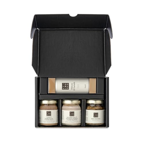 Set degustazione prestigio nero composta da Polvere di Tartufo Crema di Funghi, Porcini e Tartufo Bianco, Specialità Parmigiano e Tartufo, Salsa tartufata