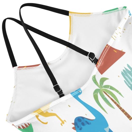 Cute Cartoon Dinosaurs White Girls 1 Piece Swimsuit, Beach Bathing Suit 3-10 Y with Adjustable Shoulder Strap, 3-10 Y4