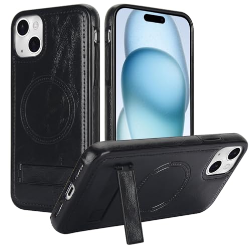 Custodia magnetica per iPhone 15 plus compatibile con Magsafeï¼½ ricarica staffa nascosta forte custodia protettiva per 15 plus wireless pelle sintetica nero