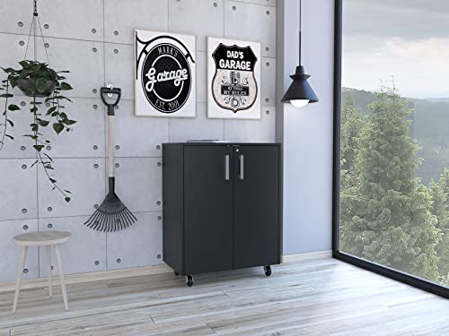 FM FURNITURE Lewis Double Storage Cabinet with 4 Casters, Metal Handles, and 2 Interior Shelves, Black