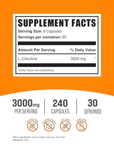 Image of BulkSupplements.com L-Citrulline Capsules - Citrulline Supplement, L-Citrulline 3000mg Capsules - Citrulline Pills, Gluten Free - 8 Capsules per Serving, 240 Capsules (Pack of 1)