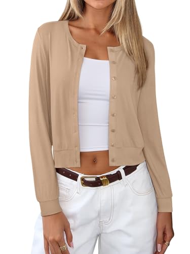 REORIA Womens 2025 Fall Lightweight Long Sleeve Button Up Casual Comfy Wool Blend Cardigan Sweaters Apricot