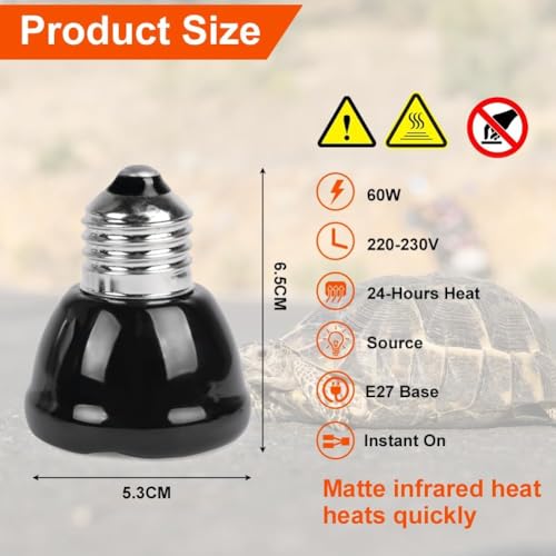 Adiwo 1 Pack 60W Ceramic Reptile Heat Bulb, E27 Base, Infrared Heating, Terrarium Heat Lamp for Reptiles/Snakes/Lizards/Turtles/Bearded Dragons