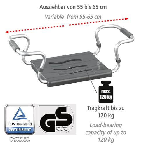 WENKO Badewannensitz Secura Silber, Ausziehbar von 55 bis 65 cm, 120 kg Tragkraft, 55-65 x 18 x 26 cm