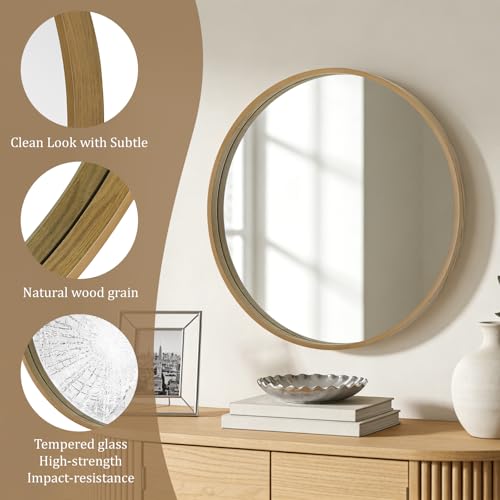 Image of WallBeyond Round Mirror with Wood Frame, 28 inch Circle Modern Decoration Large Home Decor Mirror for Bathroom Living Room Bedroom Entryway (28 inch Diameter, Natural Wood)