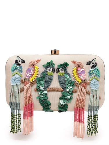 Image of Anekaant Adorn Off White & Multi Embellished Corduroy Clutch | Perfect for Bridal, Festive | Party Purse for Women & Girls