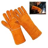 2-lagige Schweißerhandschuhe aus gelbem Rindsleder, flammhemmend und hitzebeständig, mit weichem Stofffutter im Handflächenbereich, lange Ärmel, für Grillen, Schweißen, Kamin, Ofen und Backen