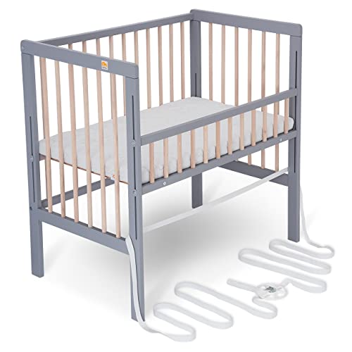 FabiMax Baby Beistellbett für Boxspringbett, TÜV geprüft 2022, Buche massiv grau/Natur, inkl. Matratze Comfort