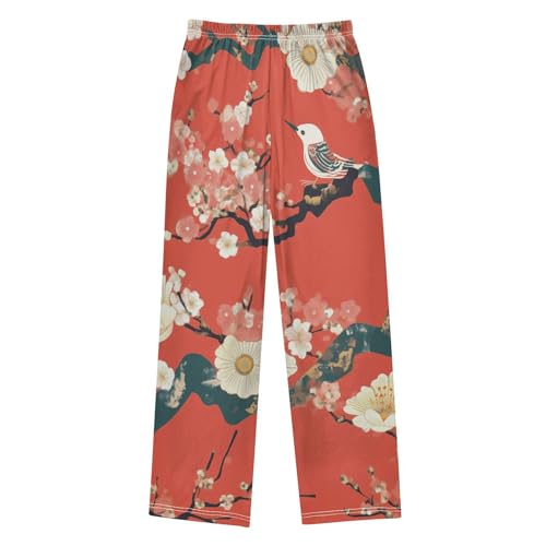 Plum Flowers and Bird Boys Long Pants Soft Trousers Elastic Waist Kids Lounge Bottoms with Pockets S-XL2