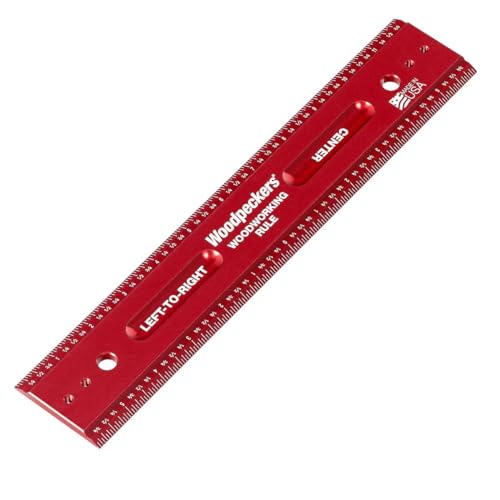 Woodpeckers Woodworking Rule, 12 Inch, L2R & Center Laser Engraved Scales, USA Made Precision Aluminum Woodworking Ruler with Beveled Edges