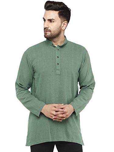 SKAVIJ Hombre Túnica Camisa Kurta Corta De Algodón Indio (Verde, M)