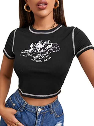 ZIERUCI con Estilo Ángel Letra Impresa Camiseta de Manga Corta Cuello Redondo Puntada de Contraste Slim Fit Fallo Salvaje Casual Cultivos Tops para el Verano Cover