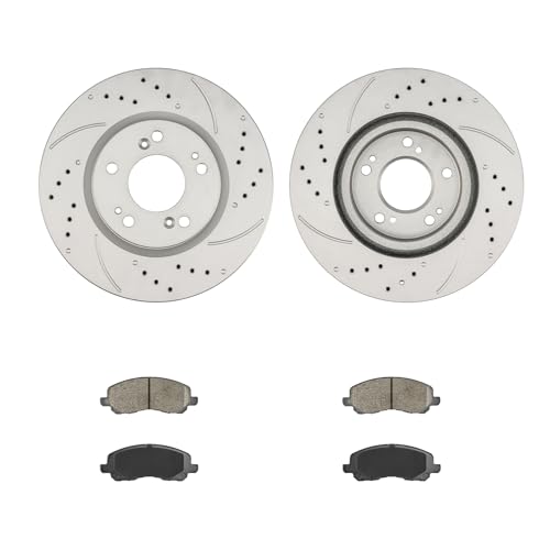 Image of KAX Front Brake Kit Fits Patriot, 200, Compass, Avenger, Outlander Sport | for Jeep, Chrysler, Dodge, Mitsubishi Models, Drilled and Slotted 11.58in Brake Rotors 31346, Ceramic Brake Pads D866