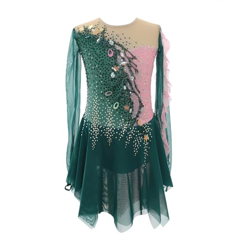Kmarouse Women Figure Skating Dress with Rhinestone Accents, Long Sleeve Professional Competition Dress for Girls(4X-Large) Green