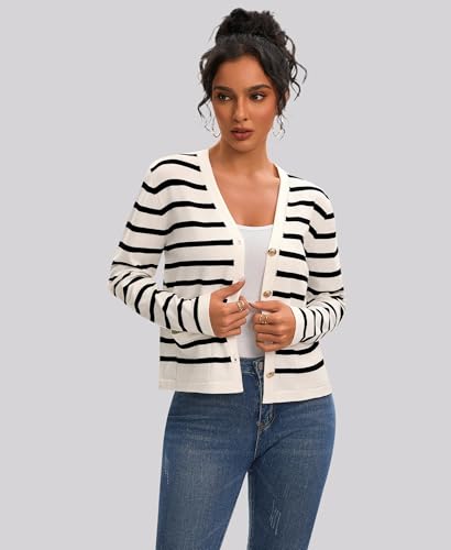 Women's Striped Cardigan Sweaters - Long Sleeve Button Down V Neck Knit Cardigans Classic Casual Tops for Women4