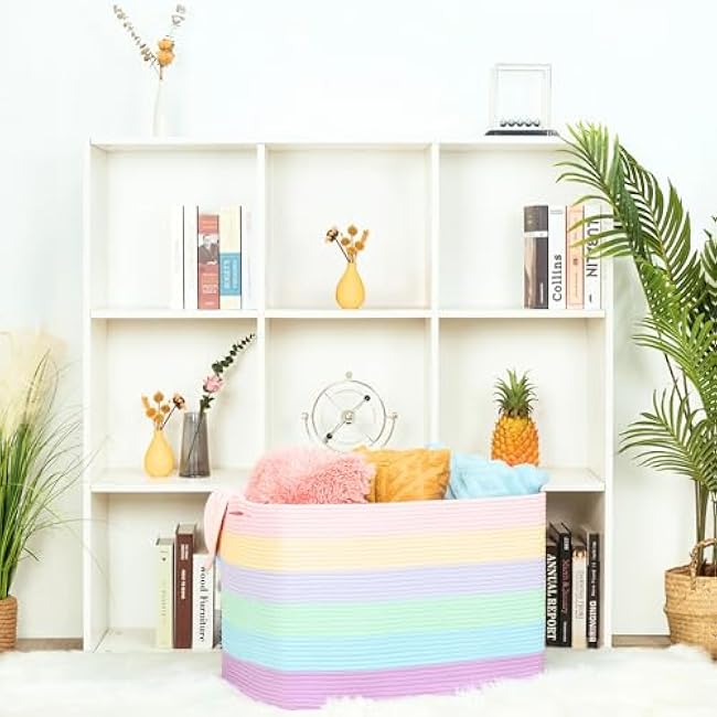 MINTWOOD Design 112L Extra Large Blanket Basket Holder Living Room, 25x17x16 Rectangle Rope Woven Storage Basket with Handles for Laundry, Towels, Shoes, Dog Toy Organizer Bin Box, Pastel Rainbow
