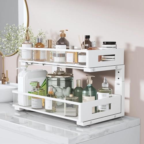 Image of 2 Packs 19IN Depth Under Sink Organizer, 2-Tier Pull Out Cabinet Organizer With Smooth Circular Rail, Large Capacity Metal Mesh Sliding Drawers For Bathroom& Kitchen Storage,Height Adjustable -White